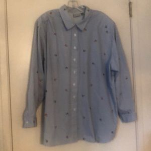 Long sleeve button down shirt blue white stripes embroidered flowers 3X EUC